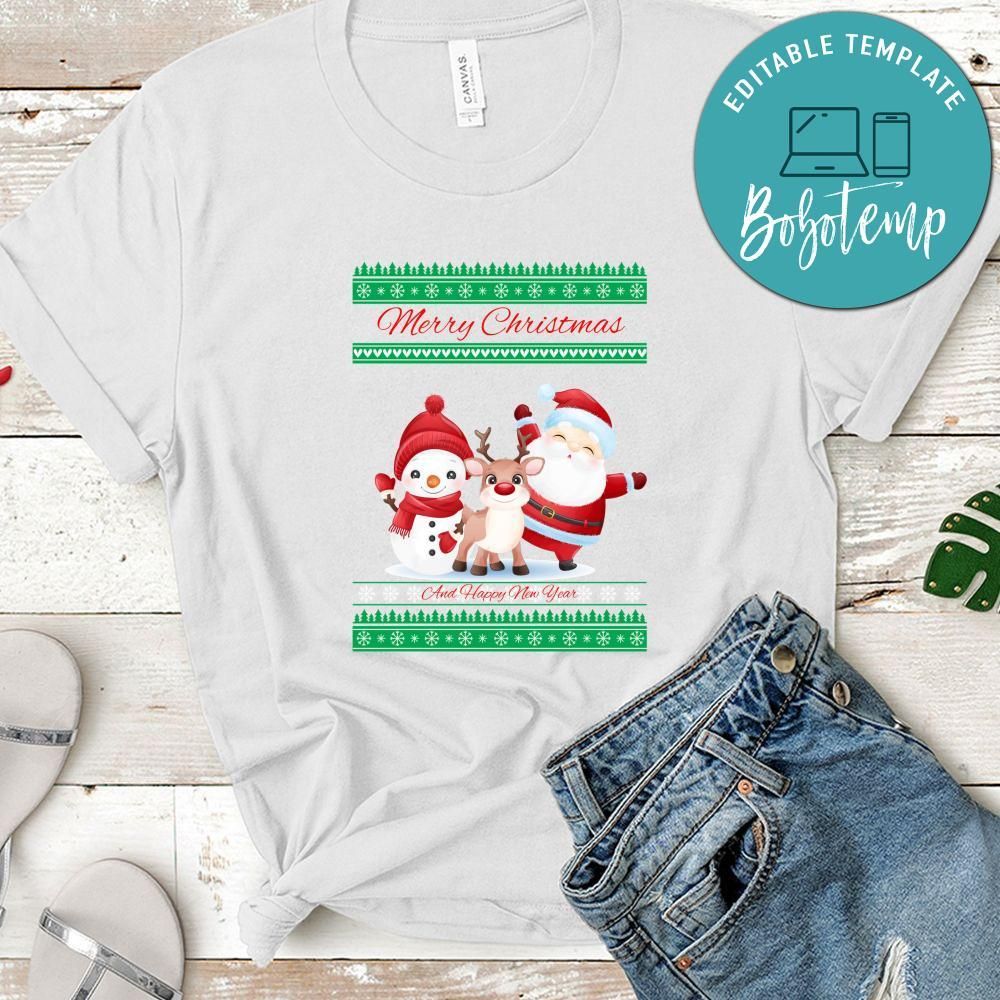 Merry Christmas And Happy New Year Funny Santa Claus Snowman And Reindeer Shirt