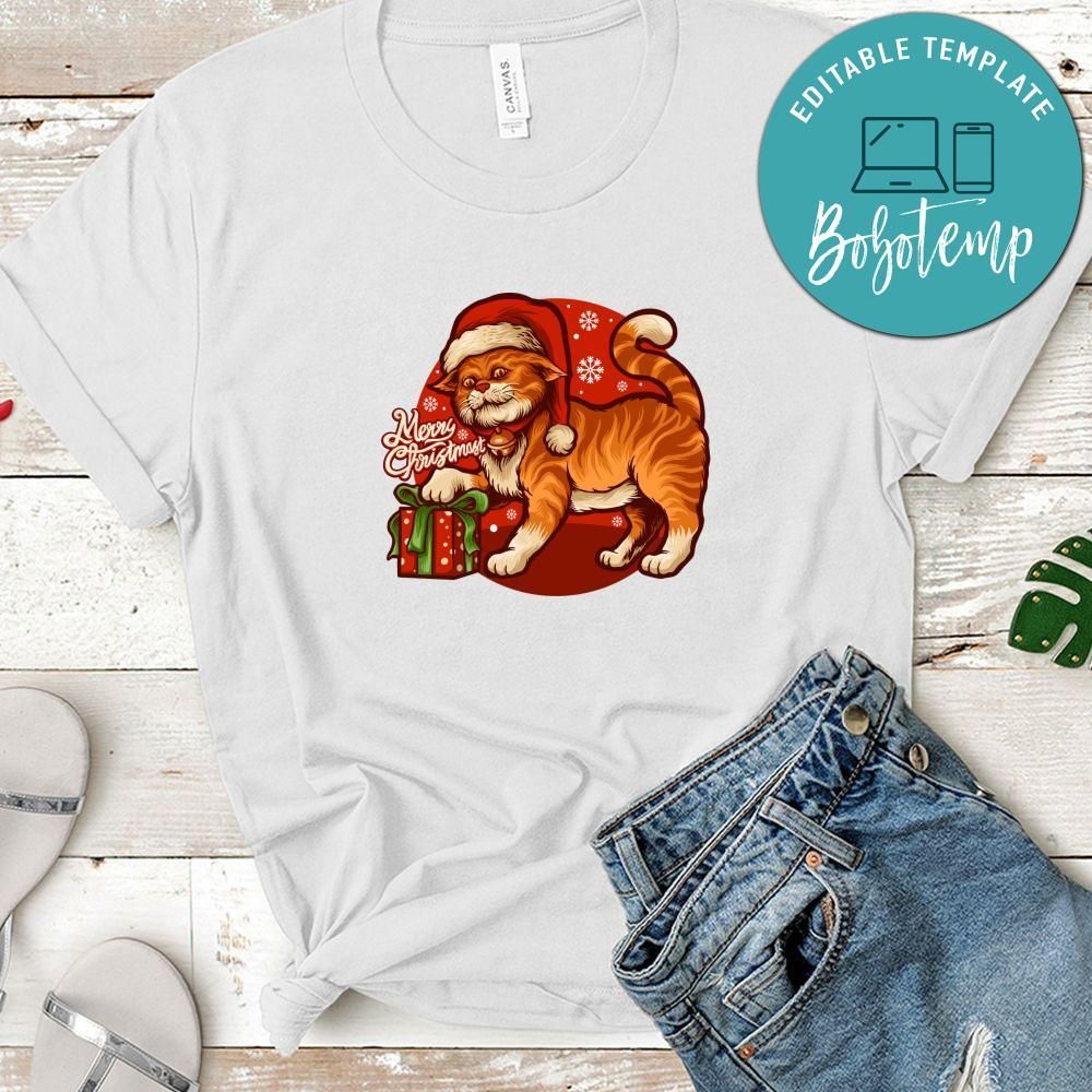 Merry Christmas, Cartoon Cute Cat Merry Christmas With Gift Shirt