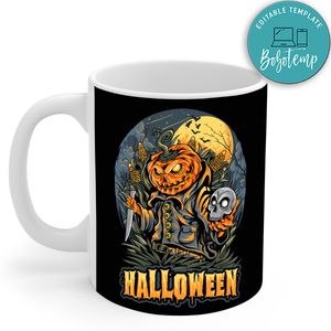 Halloween Scarecrow Skull Head And Pumpkins Mug
