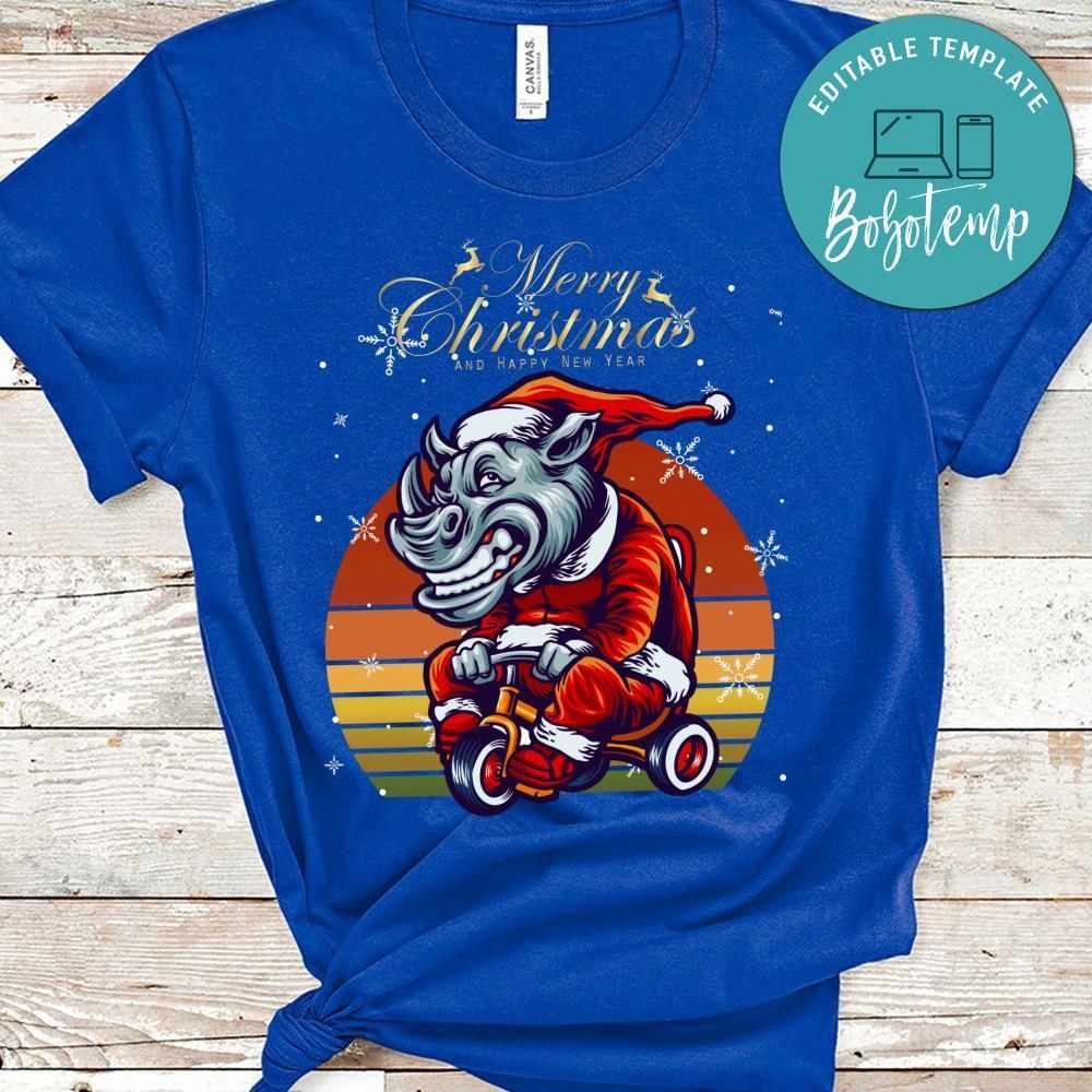 Christmas Funny Rhino Mascot On Fancy Dress Santa Claus Riding Unicycle Shirt