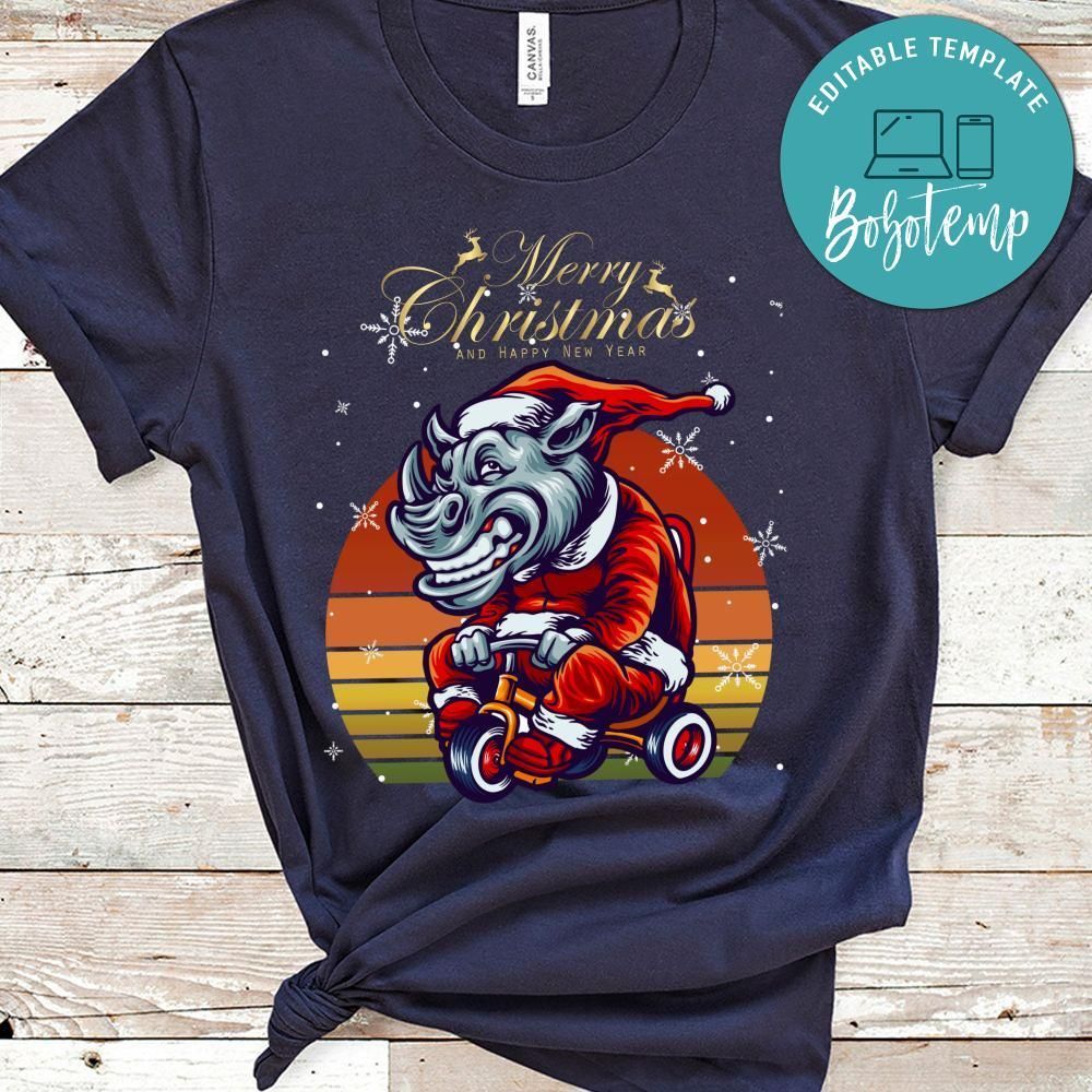 Christmas Funny Rhino Mascot On Fancy Dress Santa Claus Riding Unicycle Shirt
