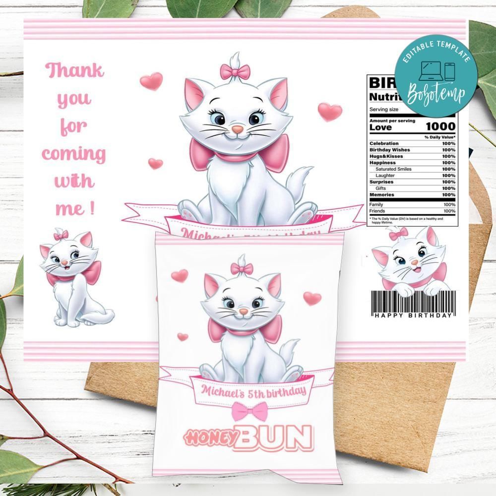 Marie Kitten Birthday Honey Buns Snack Bag Label Customizable Instant Download