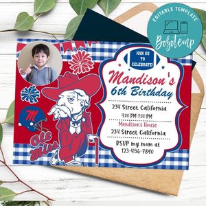 Ole miss Birthday Invitation with Photo Customizable Template to Print at Home Instant Download