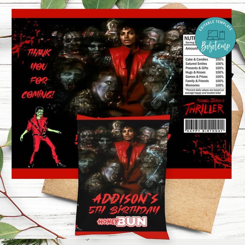 Michael Jackson Thriller Birthday Honey Buns Snack Bag Label Customizable Instant Download