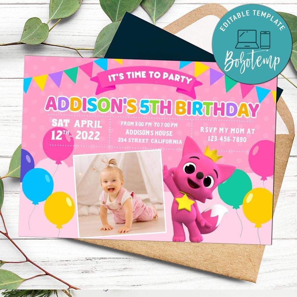 Pinkfong Birthday Invitation with Photo Customizable Template to Print at Home Instant Download