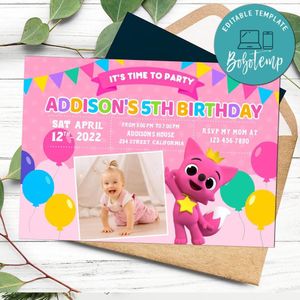 Pinkfong Birthday Invitation with Photo Customizable Template to Print at Home Instant Download