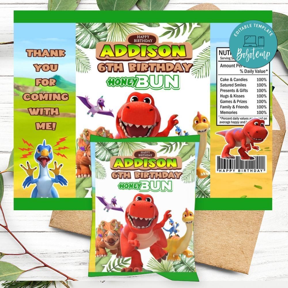 Little Dino School Birthday Honey Buns Snack Bag Label Customizable Instant Download