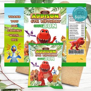 Little Dino School Birthday Honey Buns Snack Bag Label Customizable Instant Download