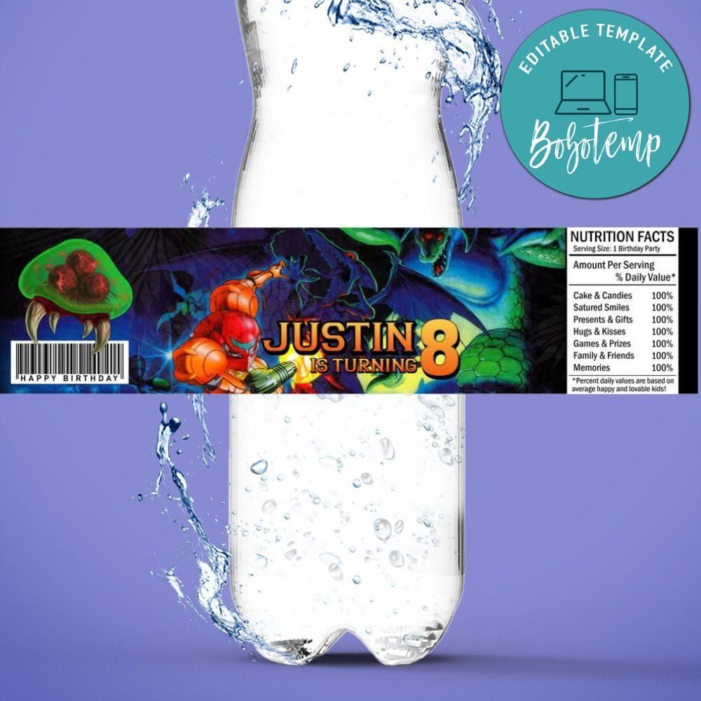 Super Metroid Birthday Water Bottle Label Template to Print at Home Instant Download