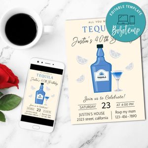 Blue tequila Birthday Invitation Customizable Template to Print at Home Instant Download