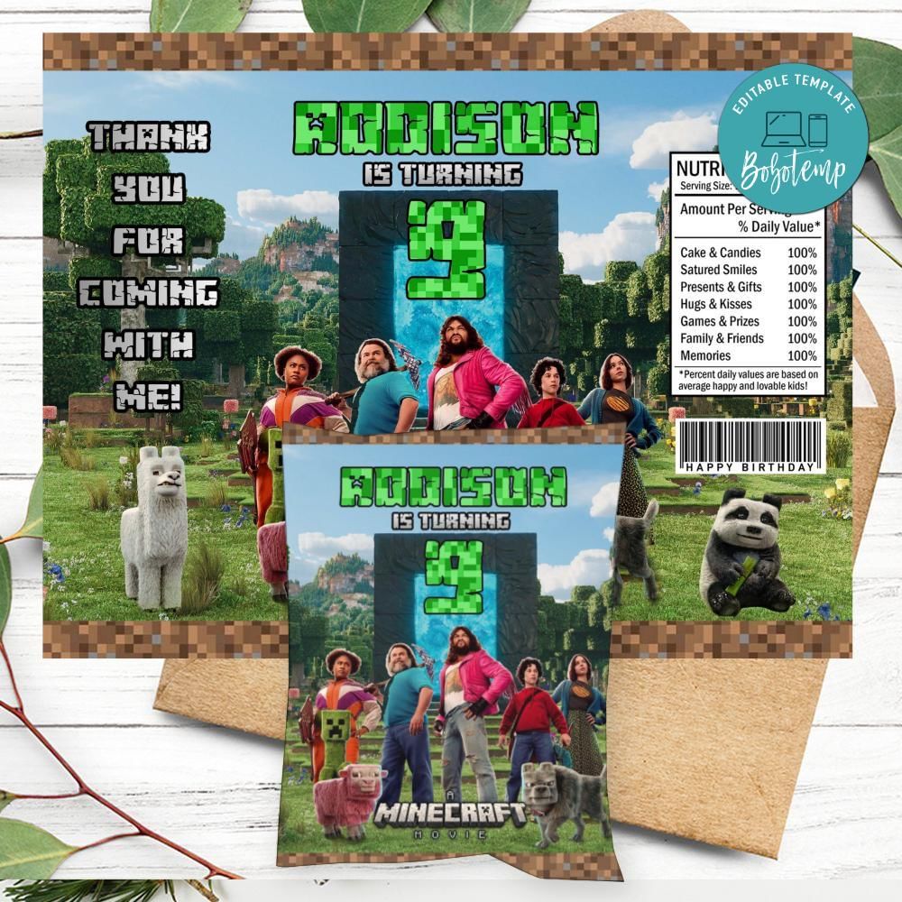 Minecraft Movie Birthday Chip Bag Label Customizable DIY | Bobotemp