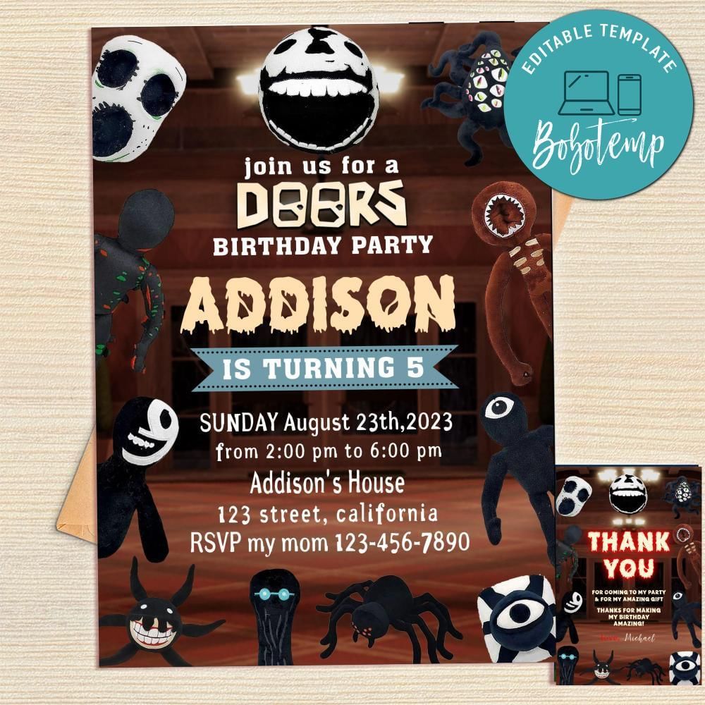 Doors Scary Game Invitation Template Free Thank You Card Printable