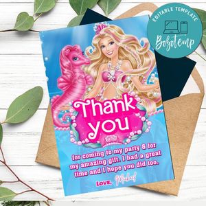 Sirena Barbie Thank You Card Customizable Template To Print At Home Instant Download