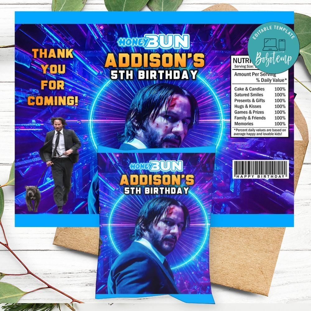 John Wick Birthday Honey Buns Snack Bag Label Customizable Instant Download