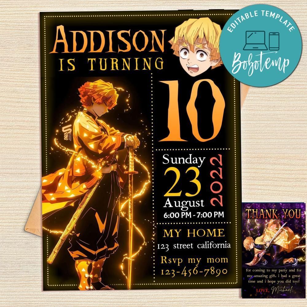 Zenitsu Invitation Template Free Thank You Card Printable