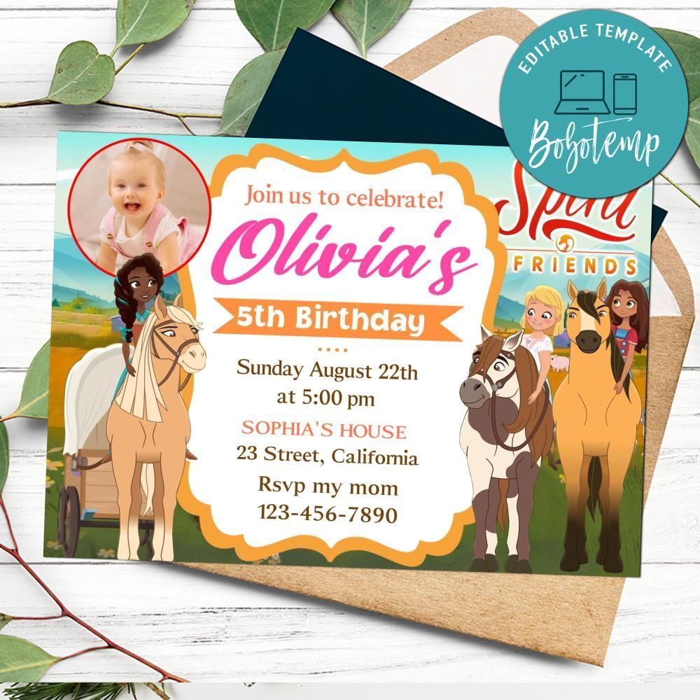 Spirit and friends Birthday Invitation with Photo Customizable Template to Print at Home Instant Download