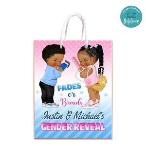 Fades Or Braids Gender Reveal Gift Bag Label Template Printable Instant Download
