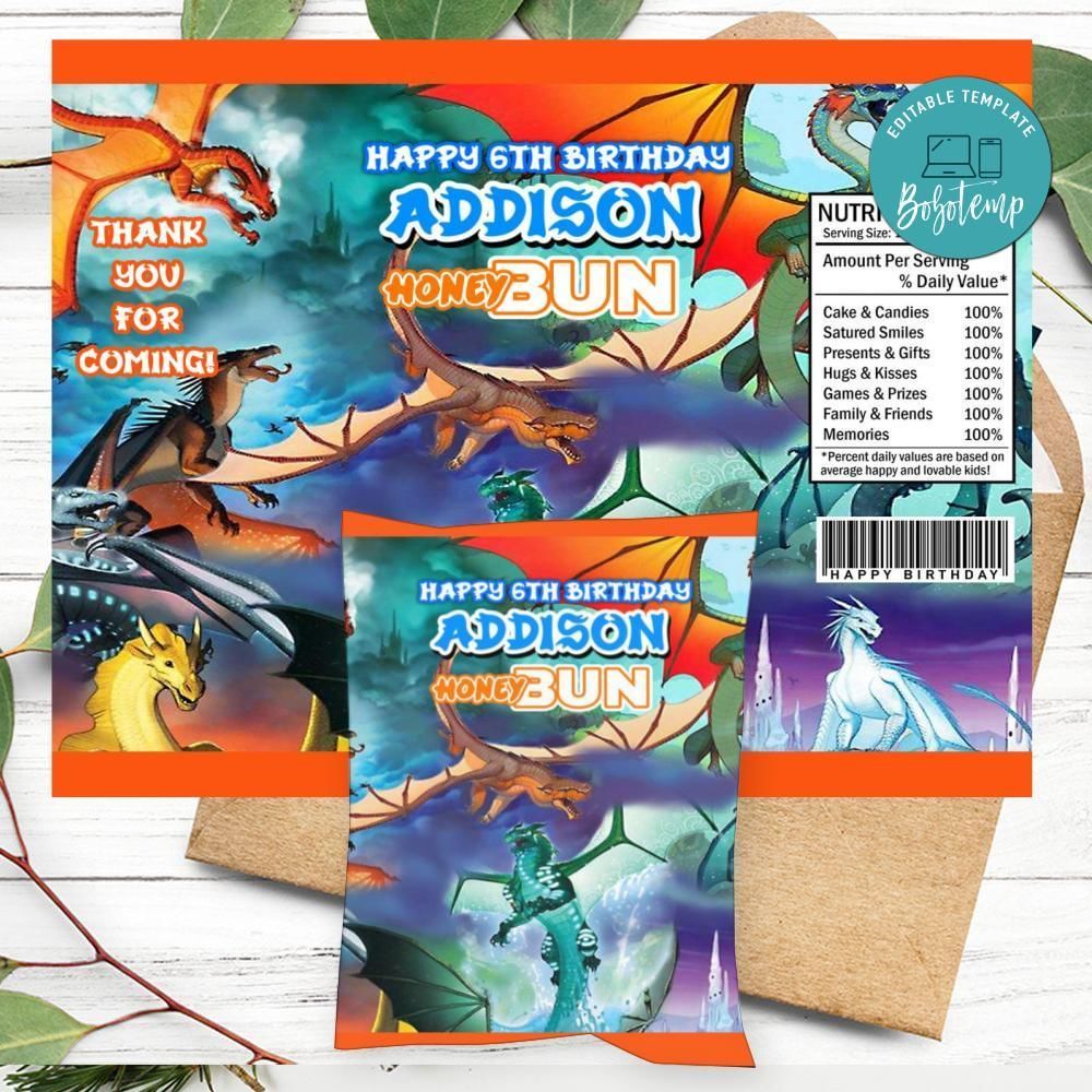 Wings Of Fire Birthday Honey Buns Snack Bag Label Customizable Instant Download