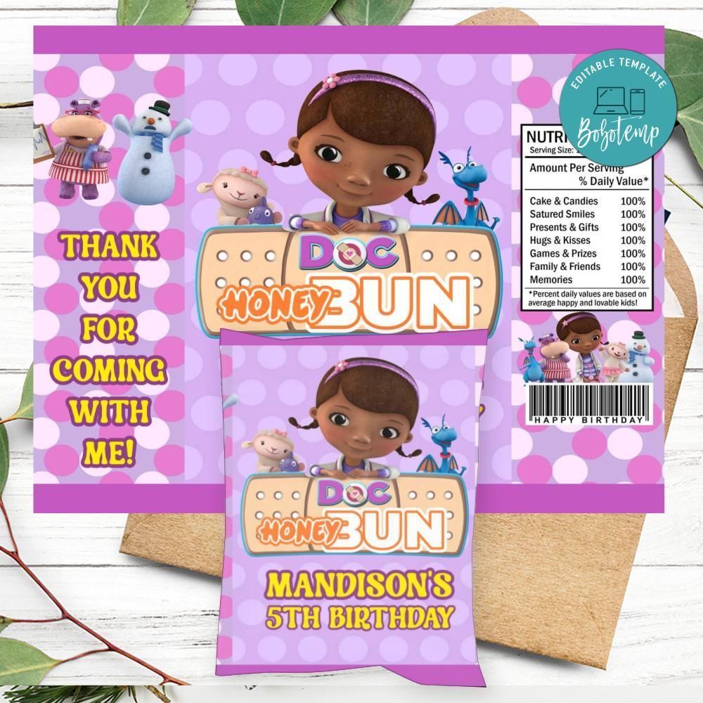 Doc Mcstuffins Birthday Honey Buns Snack Bag Label Customizable Instant Download