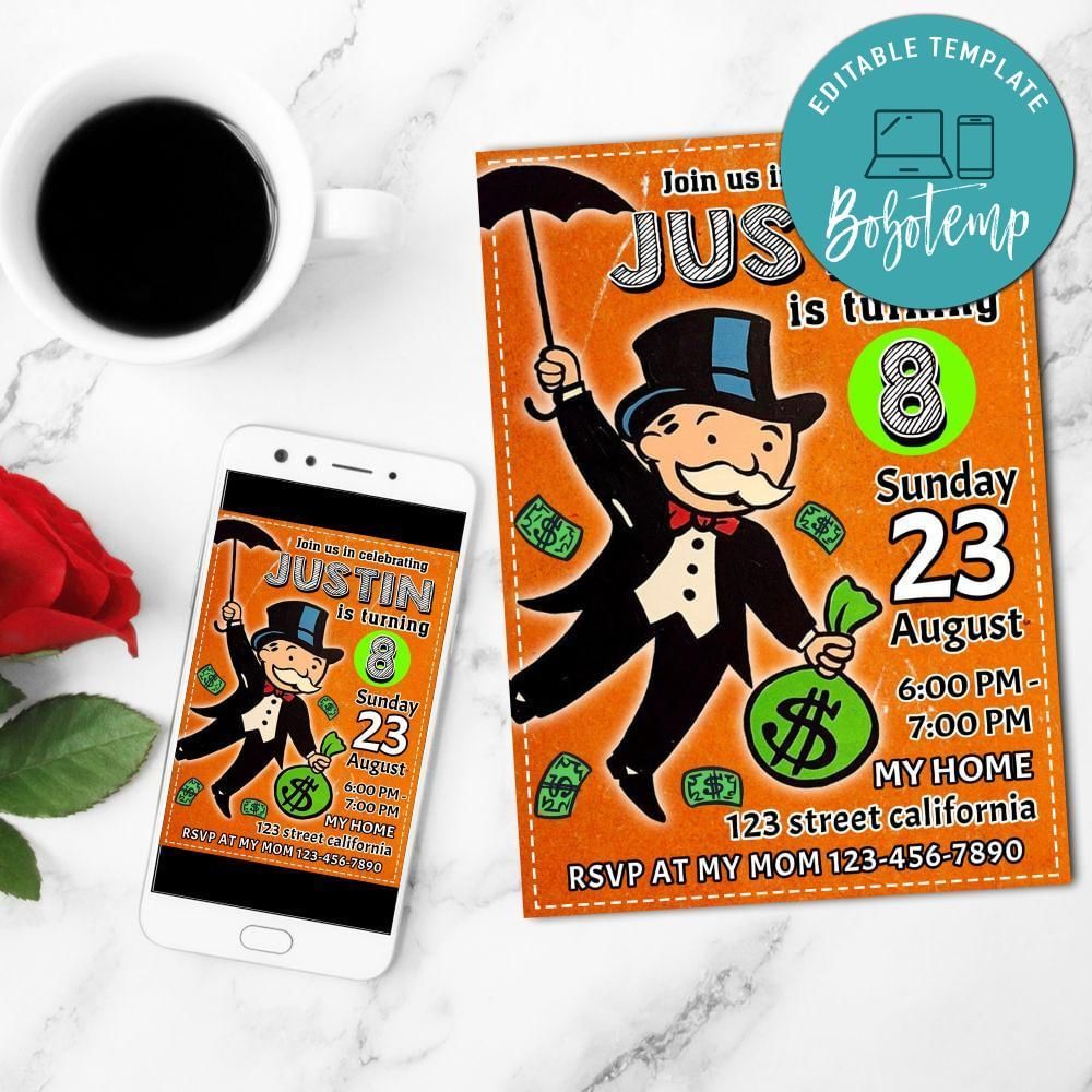 Alec Monopoly Birthday Mobile Invite Customizable Template Instant Download