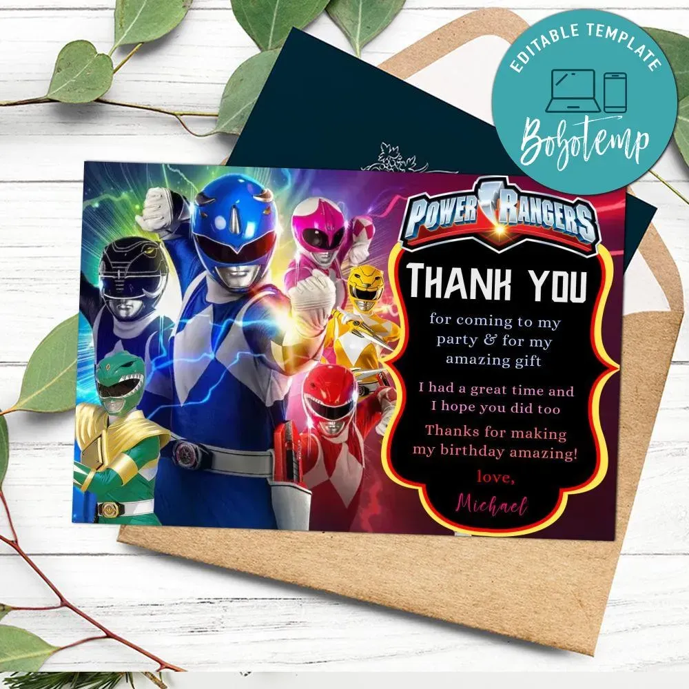 Power rangers Thank you card Customizable Template DIY | Bobotemp