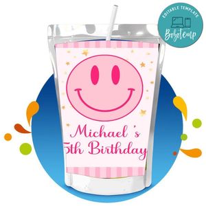 Preppy Pink Smiley Capri Sun Birthday Labels Digital File Printable Instant Download