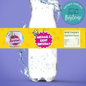 Surprise Mini Brands Birthday Water Bottle Label Template to Print at Home Instant Download