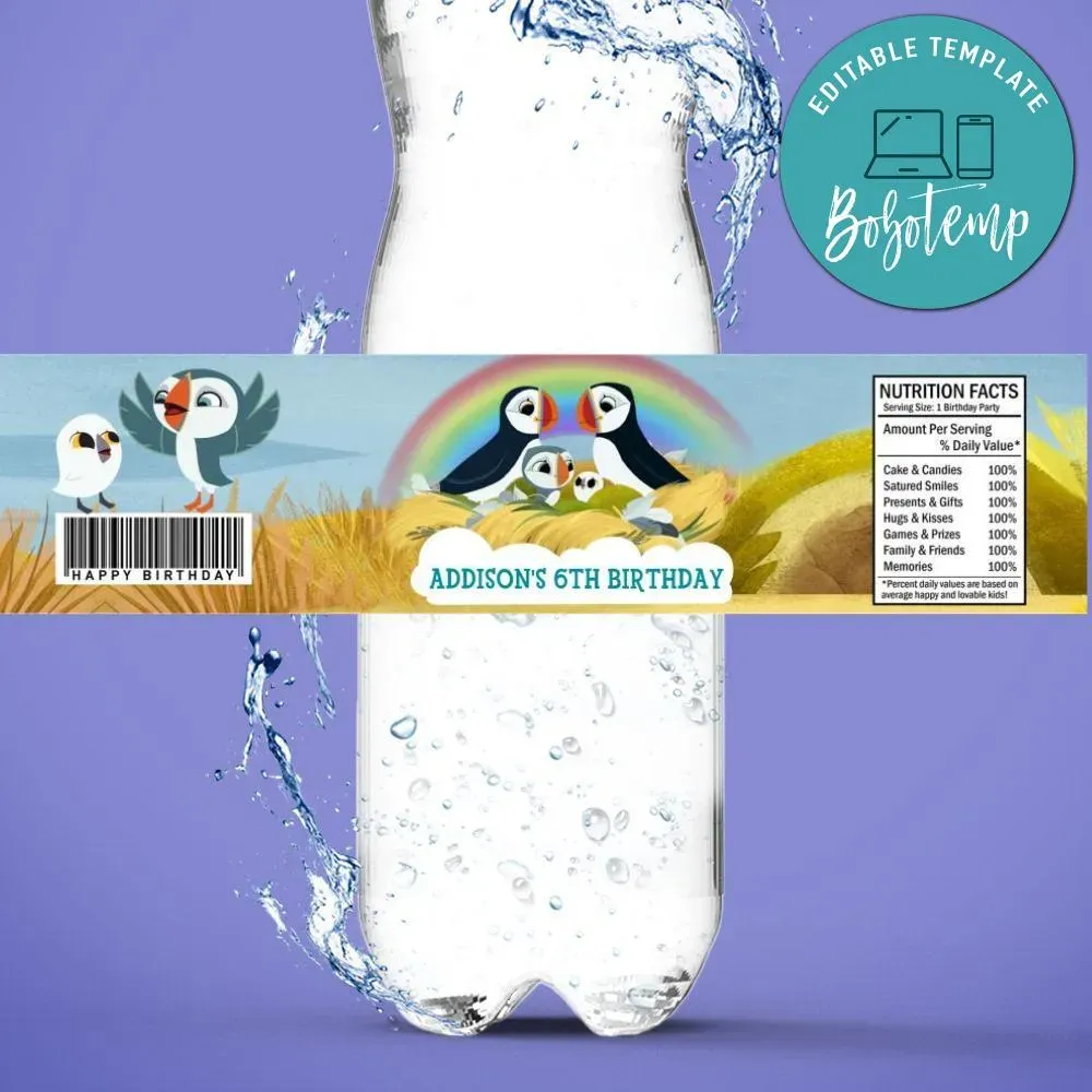 Puffin Rock Birthday Water Bottle Label Template | Bobotemp