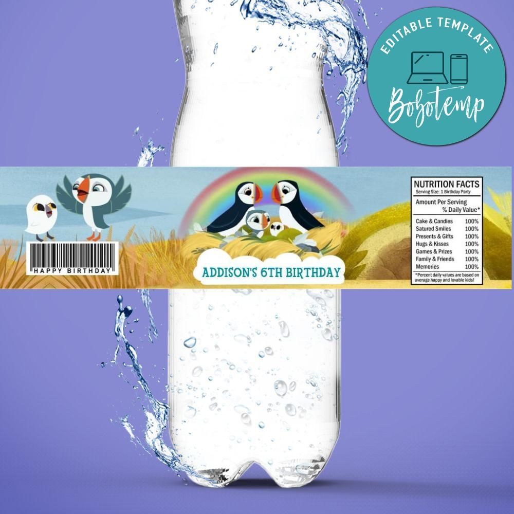 Puffin Rock Birthday Water Bottle Label Template | Sportspartydesign