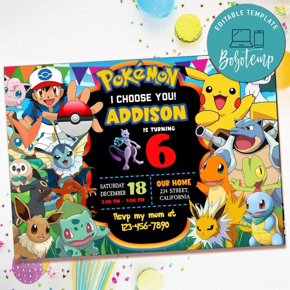 Pokemon Party Invite Customizable Template to Print at Home Instant Download