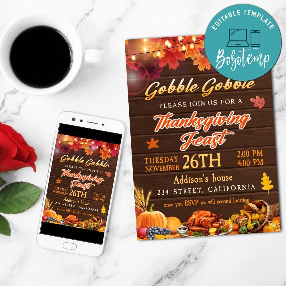 Gobble Gobble Thanksgiving Feast Mobile Invite Customizable Template Instant Download