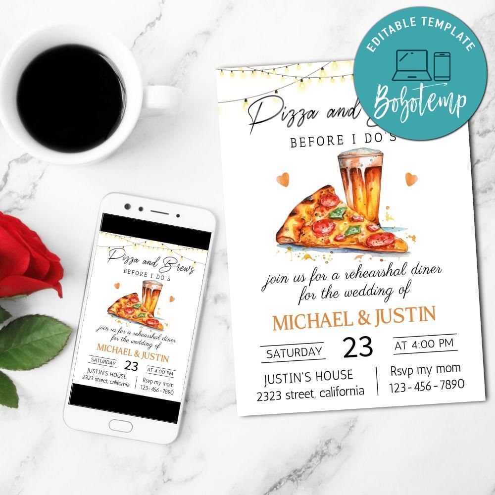 Pizza and Brews Rehearsal Dinner Invitation Customizable Template to Print at Home Instant Download