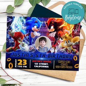 Sonic 3 Birthday Invitation with Photo Customizable Template to Print at Home Instant Download