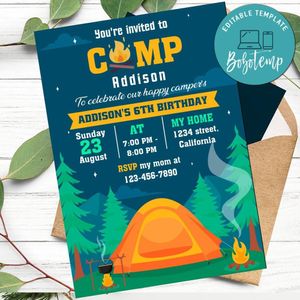 Camping Birthday Invitation Customizable Template to Print at Home Instant Download
