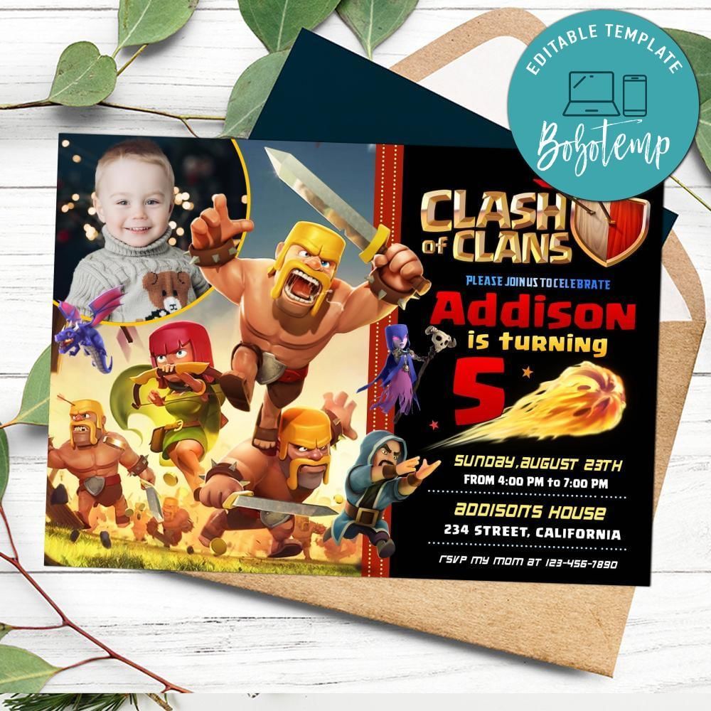 Clash Of Clans Birthday Invitation with Photo Customizable Template to Print at Home Instant Download
