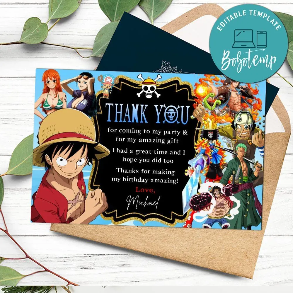 One Piece Thank You Card Customizable Template DIY Bobotemp