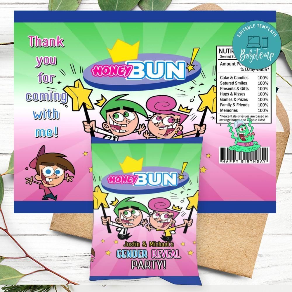 The Fairly Oddparents Gender Reveal Birthday Honey Buns Snack Bag Label Customizable Instant Download