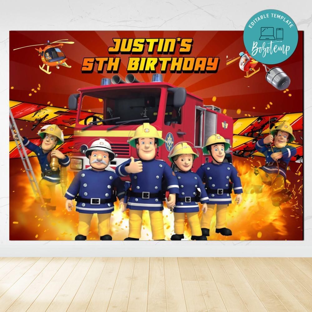 Fireman Sam Birthday Backdrop Digital File Template Instant Download