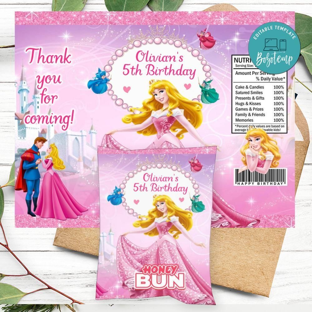 Princess Aurora Birthday Honey Buns Snack Bag Label Customizable Instant Download