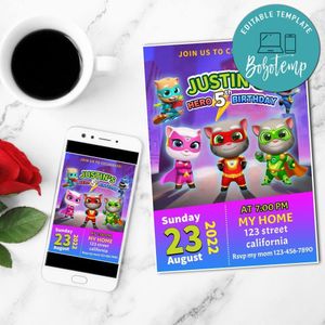 Talking Tom Hero Dash Birthday Mobile Invite Customizable Template Instant Download
