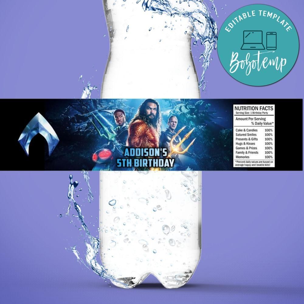 Aquaman 2 Bottle Label Birthday Water Bottle Label Template to Print at Home Instant Download