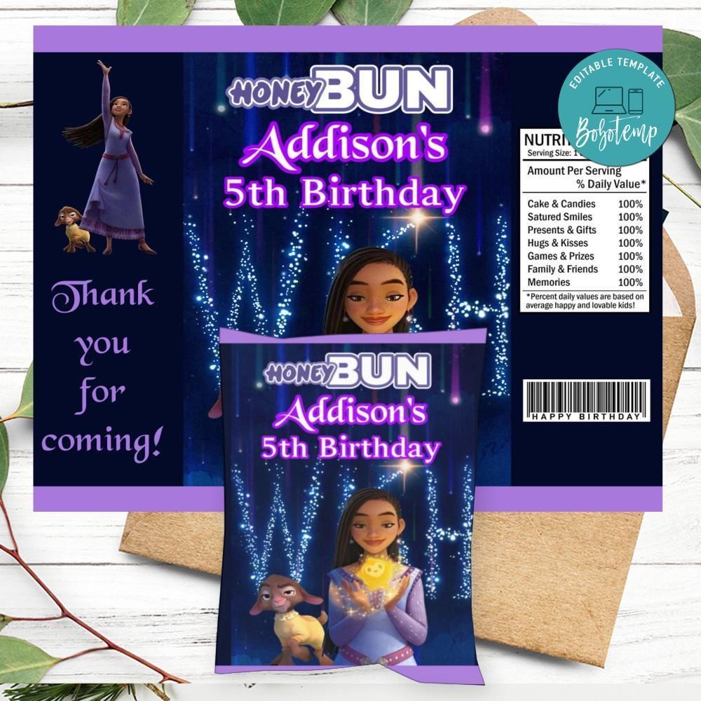 Wish Disney Birthday Honey Buns Snack Bag Label Customizable Instant Download