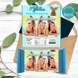 Mako mermaid Candy bar Label Customizable Template Instant Download