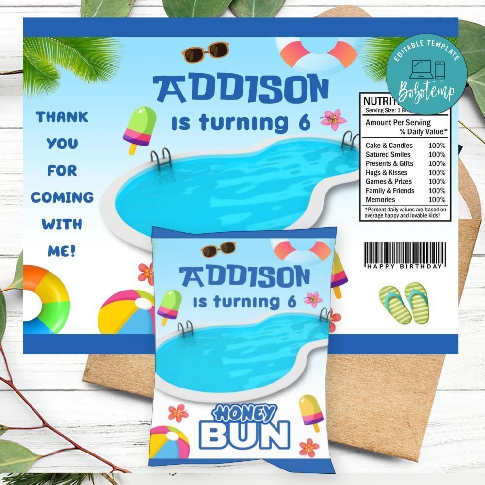 Pool Birthday Honey Buns Snack Bag Label Customizable Instant Download