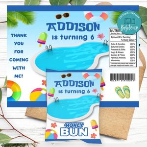 Pool Birthday Honey Buns Snack Bag Label Customizable Instant Download