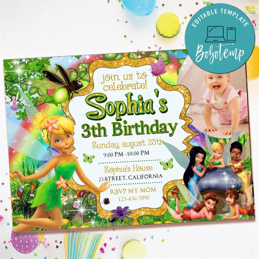 Tinkerbell Birthday Invitation with Photo Customizable Template to Print at Home Instant Download