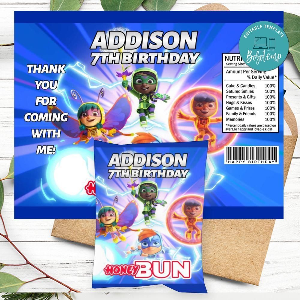 Action Pack Birthday Honey Buns Snack Bag Label Customizable Instant Download