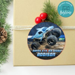 Megalodon monster Circle Sticker Template Customizable to Print at Home Instant Download