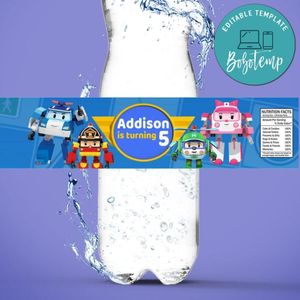 Robocar Poli Birthday Water Bottle Label Template to Print at Home Instant Download