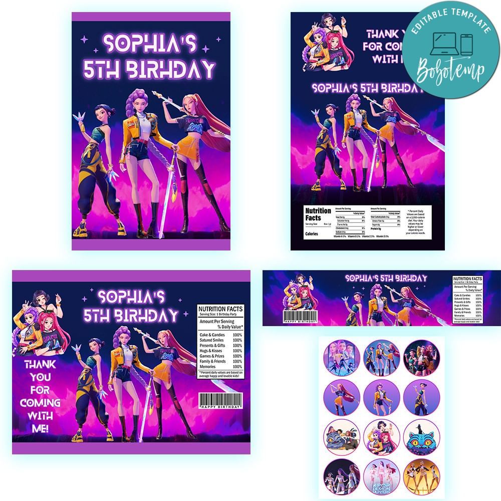 Kpop demon hunter Birthday Party Supplies Set Templates Printable Instant Download